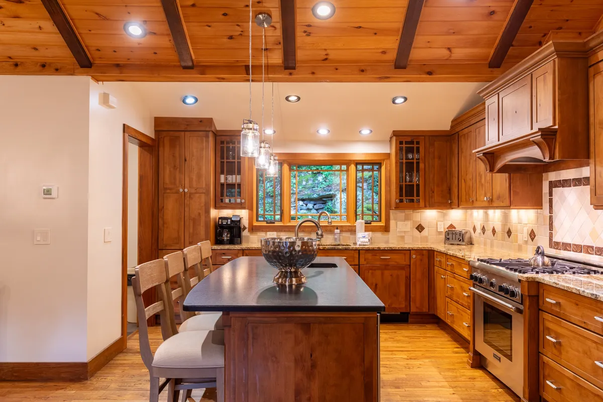 A chef-inspired kitchen with an island countertop, wooden cabinets, a large window, and high-end stainless steel appliances. The scene feels lively and practical, perfect for cooking and entertaining.